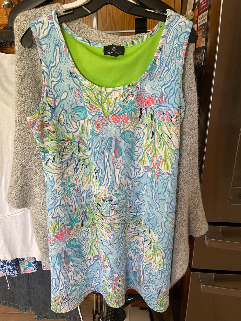 Ronni Nicole Tropical Print Dress in Pink and Green XL